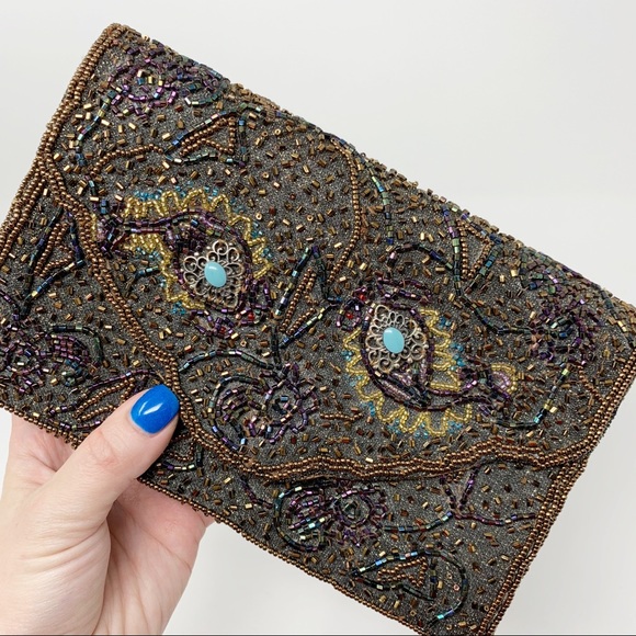 Vintage Handbags - Vintage | Beaded Embellished Clutch Boho Gypsy Fun